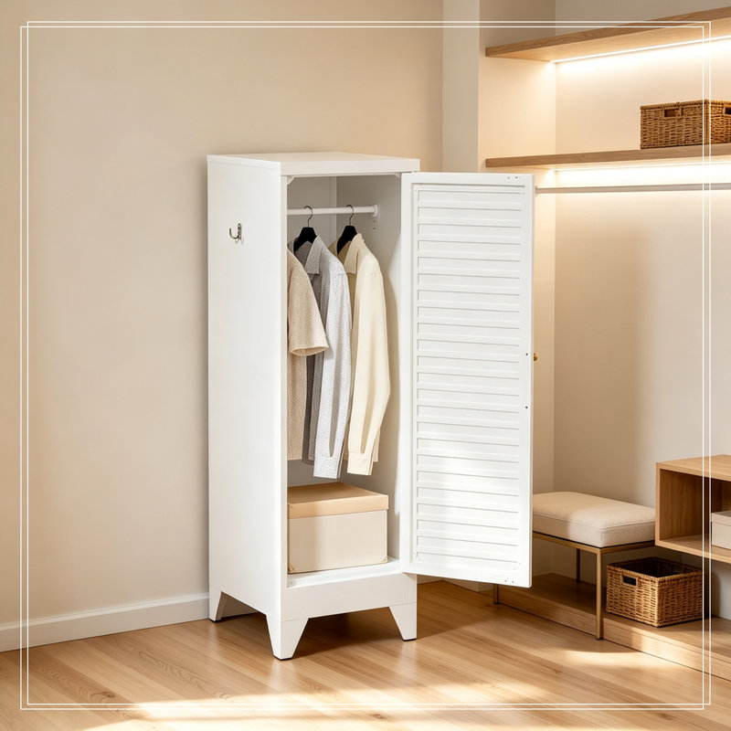 Placard de rangement étroit en métal avec porte simple à persiennes