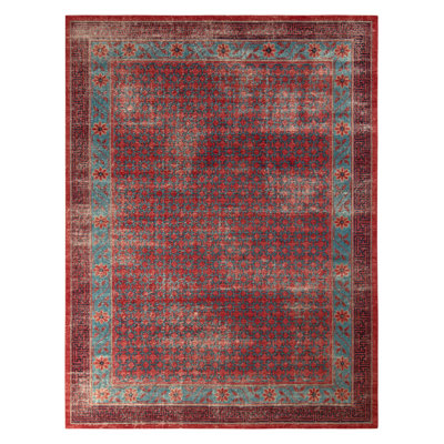 Rug & Kilim’S Distressed Custom Rug Red And Blue Trellis Pattern