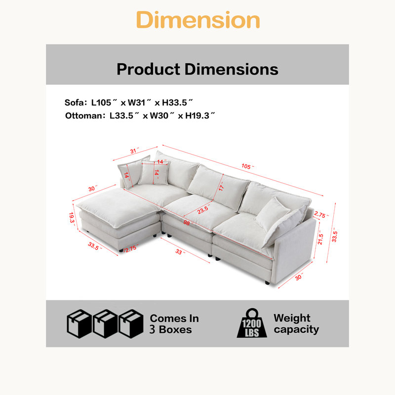 Canapé modulaire de 105 po en tissu de chenille rembourré de 105 po avec canapé à 3 places et repose-pieds, Noir