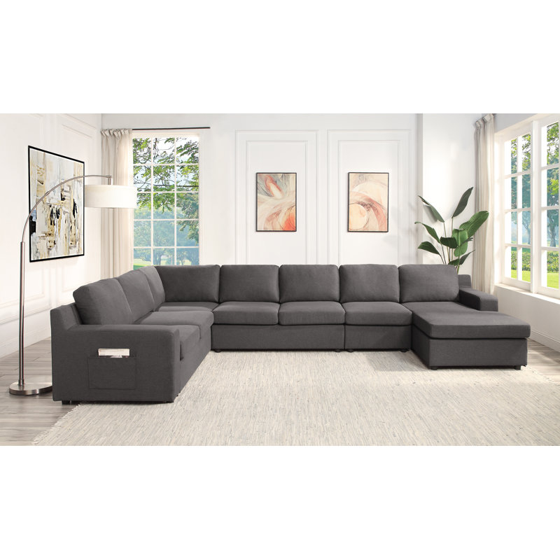 Aviyana Waylon Gray Linen 7-Seater U-Shape Sectional Sofa Chaise with Pocket, Right Hand Facing