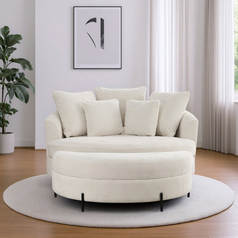 59.5" W Oversized Slipcovered Upholstered Accent Barrel Chair With Ottoman, Beige