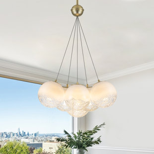 6-Light Modern Gold Integrated LED Chandelier Pendant Light With White Globe Glass Shades For Bedroom Dining Room