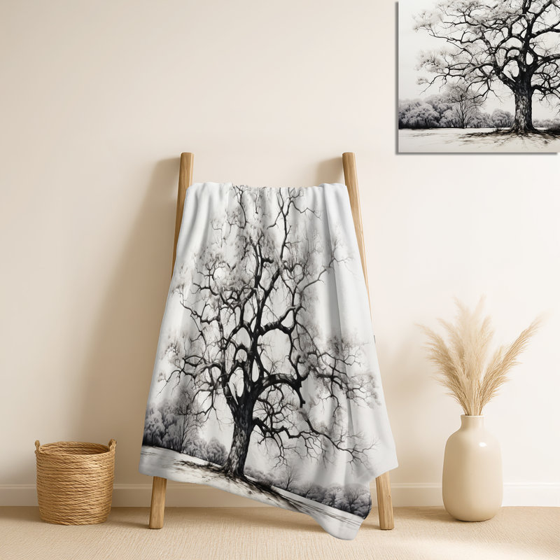 Grey Tree Monochrome Contrasting Elements II - Tree Monochrome Fleece Throw Blanket