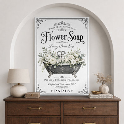 Paris Flower Soap Botanical Bathtub Sign Artwork, Bathroom Pictures, Framed Canvas Giclee Print Wall Art