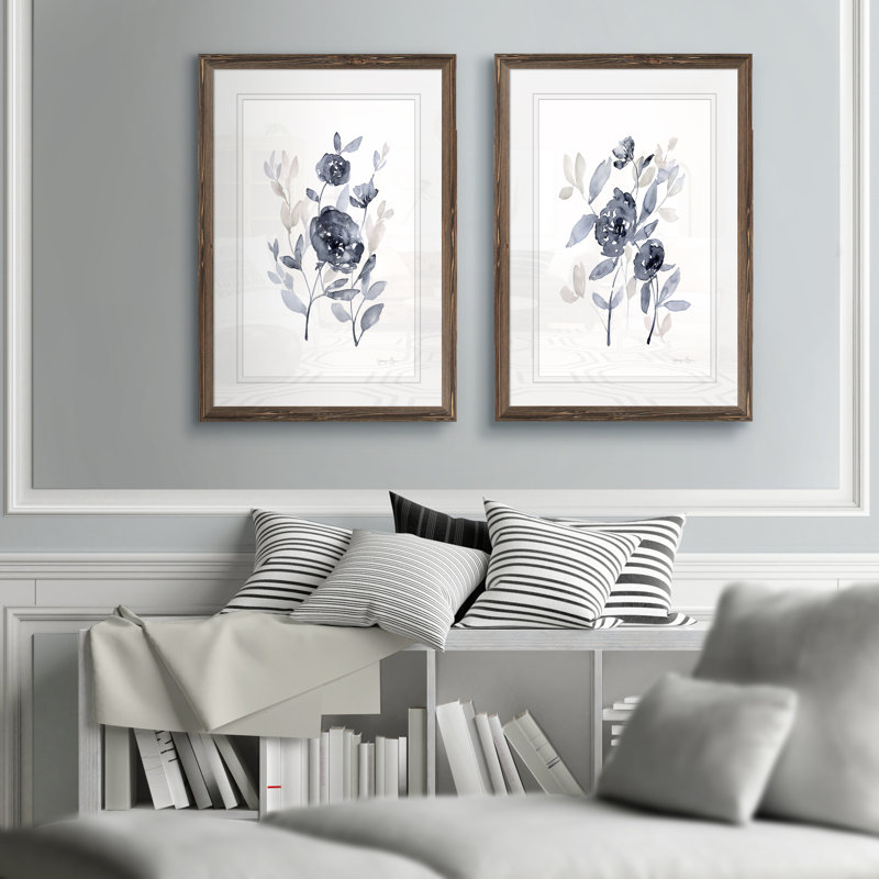 Pivoines en gris - ensemble de 2 reproductions d'art encadrées, H 24 po x l 18 po, Impression encadrée avec passe-partout