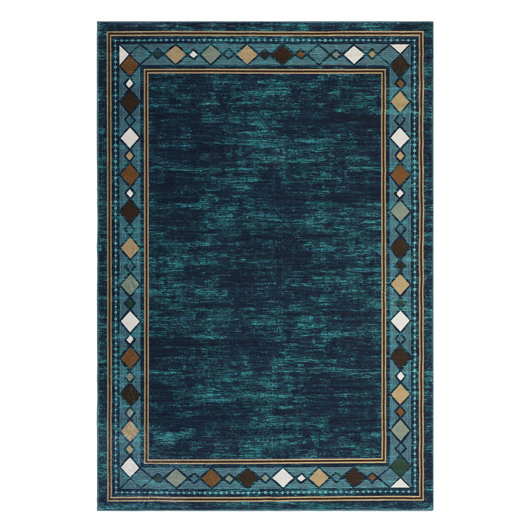 Modern Machine Washable Rugs Bordered Design Non-Slip Low Pile Rubber Backing Indoor Area Rug for Living Room Bedroom Kitchen Dining Room