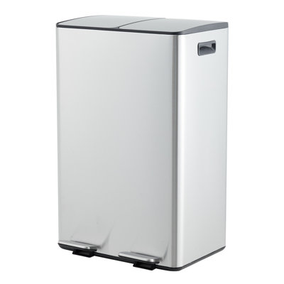 60L Dual Compartment Stainless Steel Kitchen Trash Can - Removable Inner Buckets - Soft-Close Lid - Foot Pedal - Odor-Proof - Fingerprint Resistant - Space-Saving Waste & Recycling Bin - Silver