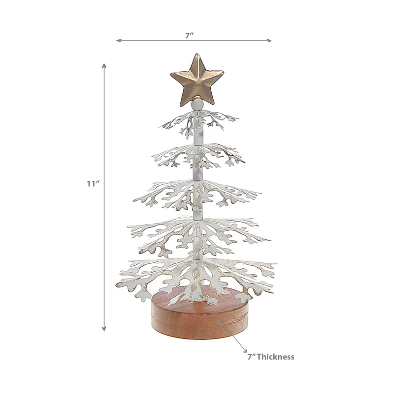 Flocon de neige blanc avec base en acacia petit, H 11 po x l 7 po x P 7 po