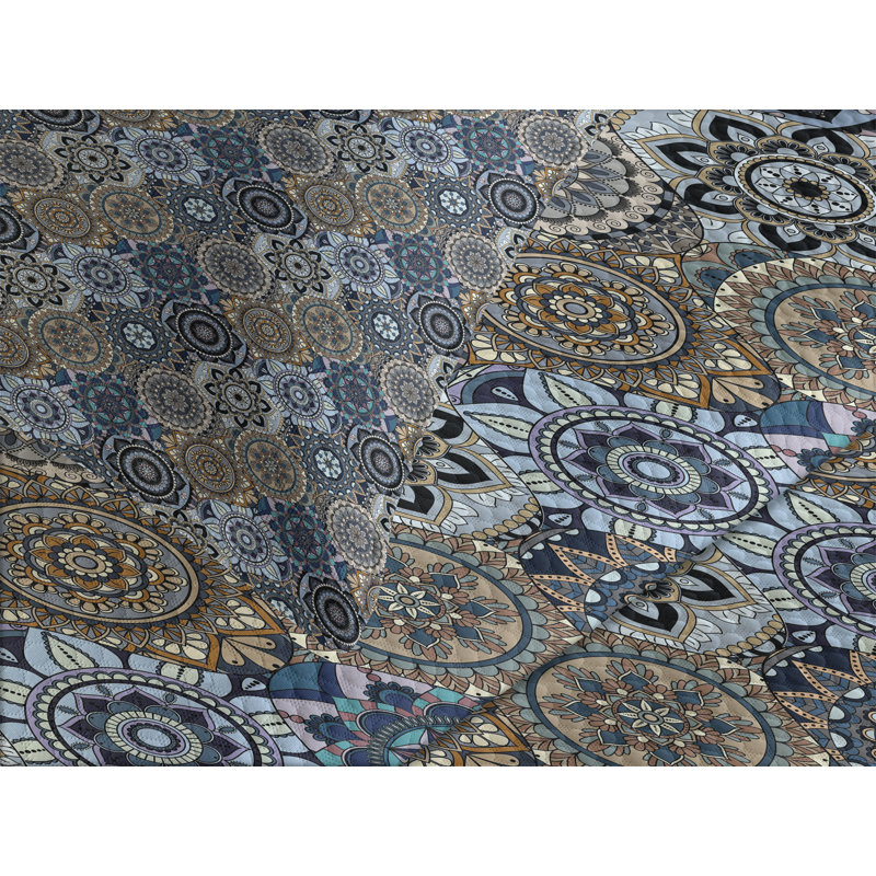 Adilyn Blue/Yellow Microfibre Bedspread Set, 220 x 264 cm Bedspread - 2 Shams