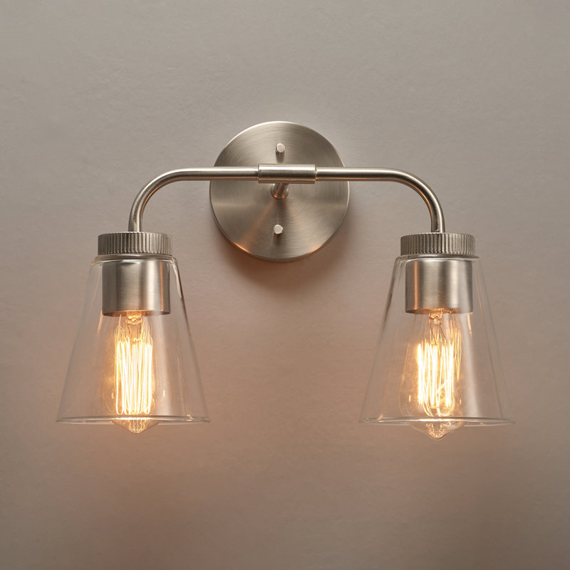Éclairage pour salle de bain 2 lumières au fini nickel brossé avec abat-jour en verre transparent