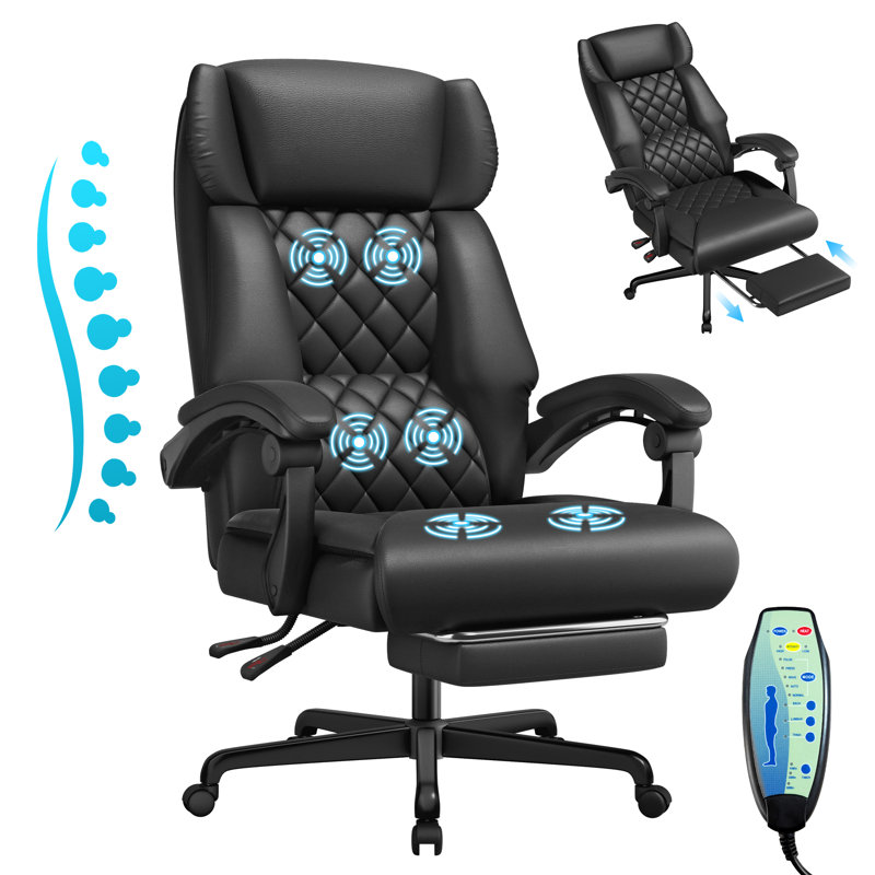 Massage Office Chair, Heated Reclining Chair, Ergonomic Executive Chair with Footrest, Black, Faux Leather