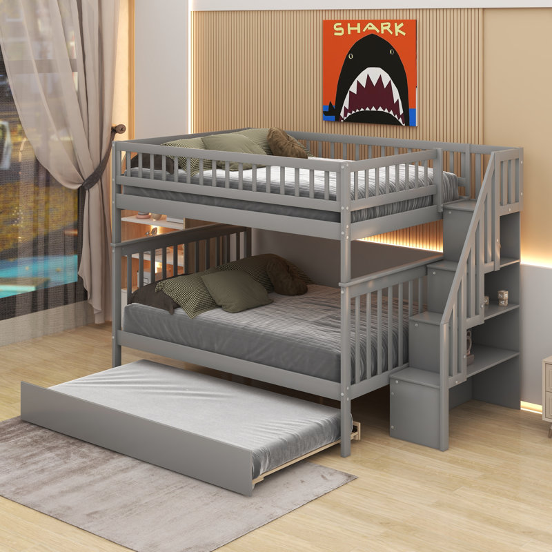 Full Over Full Bunk Bed With Trundle, Gray