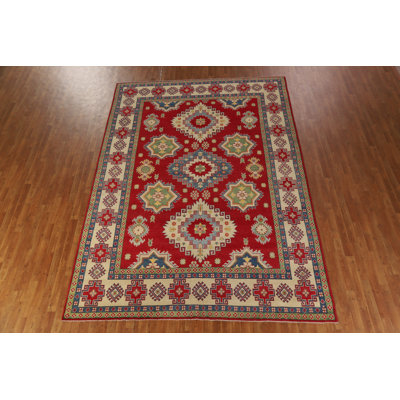 Tapis oriental rouge en laine fabriqué à la main Kazak 8 x 11