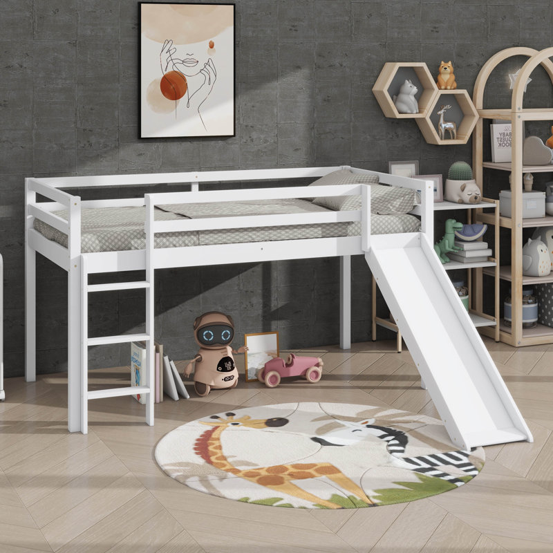 Twin Raised Bed With Ladder & Slide, Loft Beds Incorporating Safety Guardrails, White