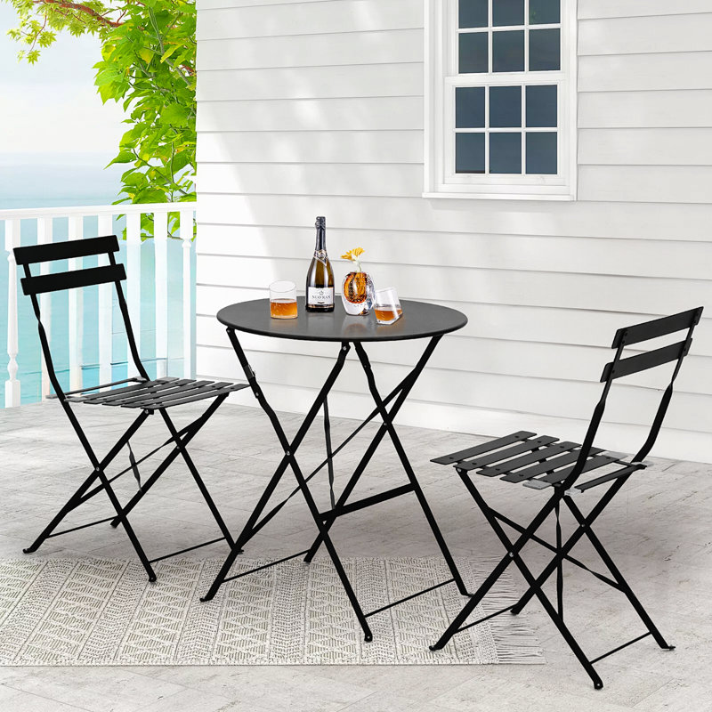Anshu Iron Table And Folding Chair Set, 2 - Person Round Outdoor Dining Set, Black