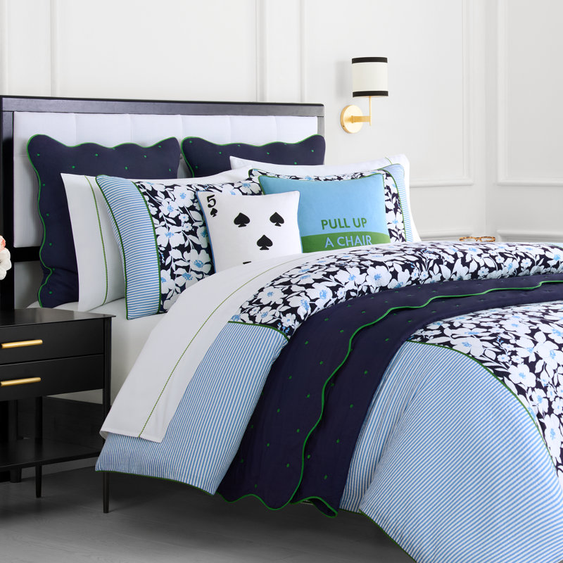 Kate Spade New York Pull Up A Chair Reversible Decorative Pillow, 20" x 20" Throw Pillow for Bed or Sofa, Cotton and Linen Cover, Blue and Green