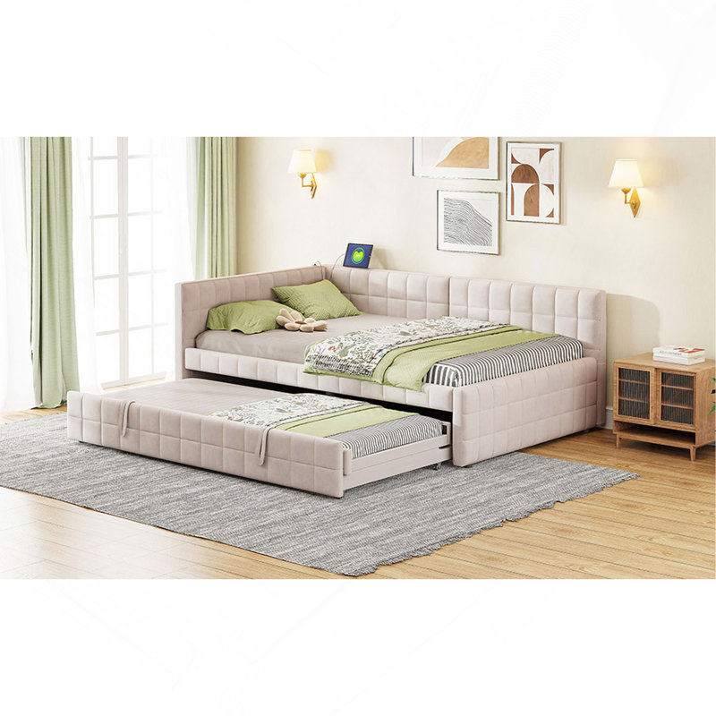 Full Size Upholstered L-Shaped Daybed With Twin Size Pop-Up Trundle And USB Ports