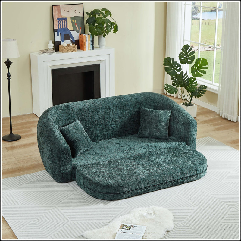 Canapé-lit courbé convertible 2-en-1 de 87 po avec tissu chenille, Chenille verte