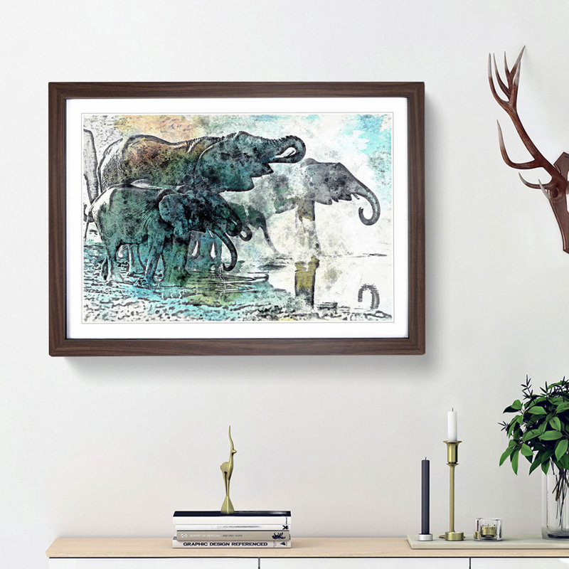 Elephants at the Waterhole in Abstract - Picture Frame Painting Print, 27cm H x 36cm W x 2cm D, Walnut Framed