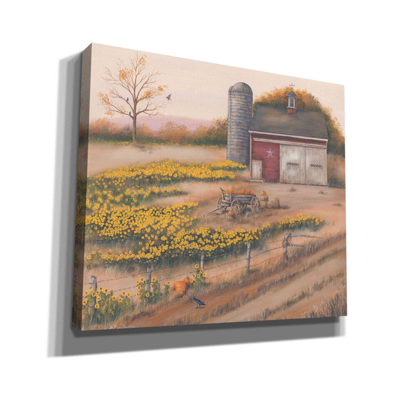 «Barn & Sunflowers I» par Pam Britton, art mural sur toile, H 26 po x l 30 po x P 1,5 po