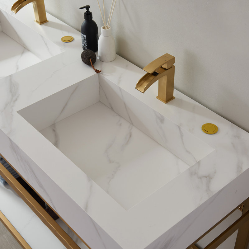 Ensemble de meuble-lavabo double 60 po, Or brossé, Pierre blanche