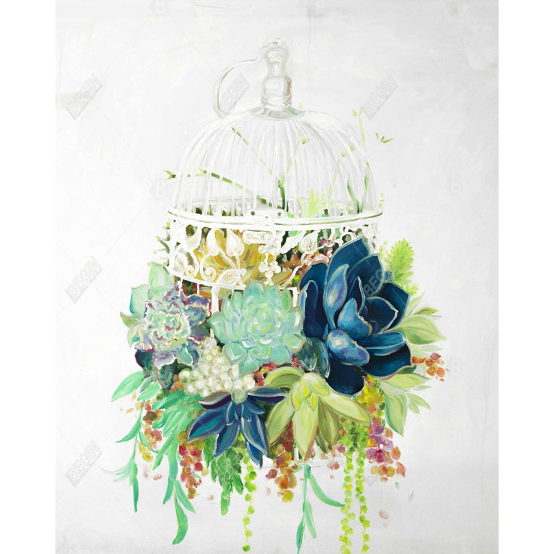 Bird Cage With Cactus Print On Canvas