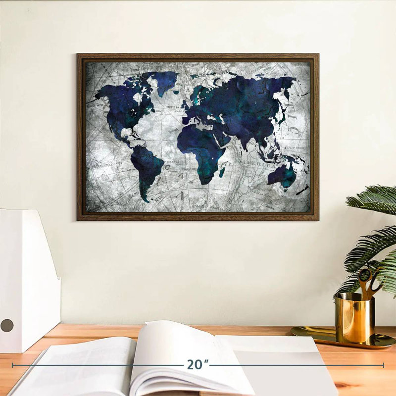 Carte du monde, 13 po x 9 po, Cadre flottant noyer