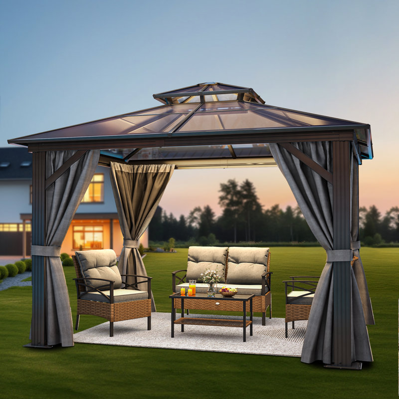 Pavillon de jardin en aluminium à toit double avec toit rigide en polycarbonate, 10 pi. L 10 pi. D