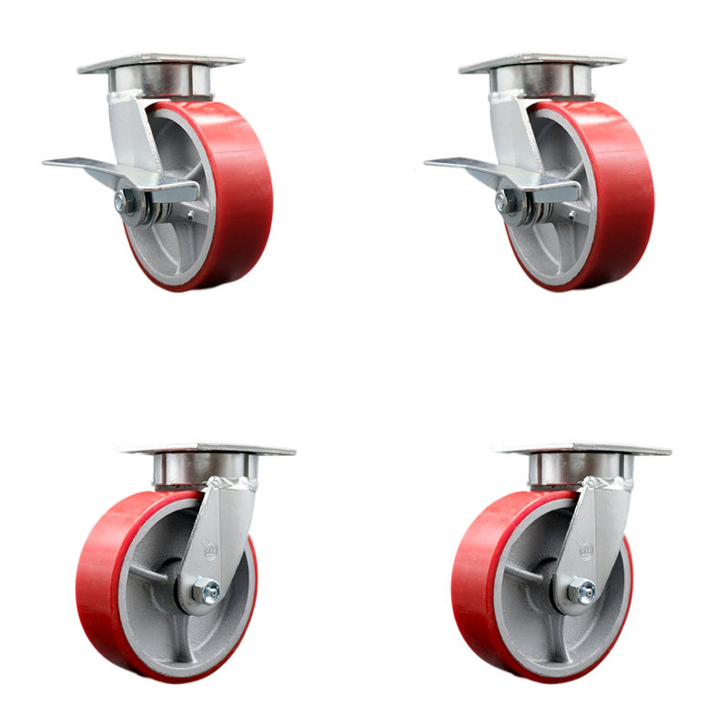 Ensemble de roulettes en poly sur roulettes 6 pouces 6 pouces 4 verrous pivotants 2 freins, Rouge