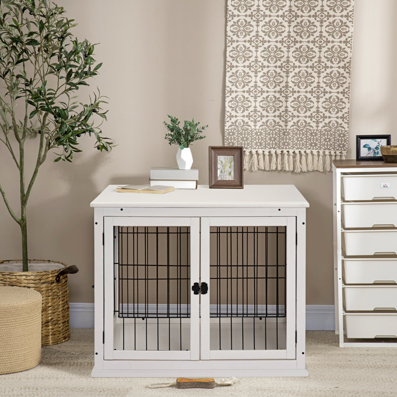 Table d'appoint pour cage de chien d'intérieur, deux portes verrouillables, jolie table décorative pour niche de chiot, petite table blanche, verrouillable, deux côtés ouvrants, niche