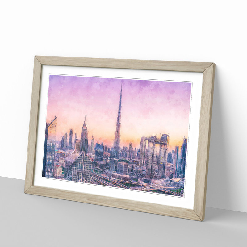 Dubai Skyline - Picture Frame Graphic Art Print, 33cm H x 45cm W x 2cm D, Oak Framed