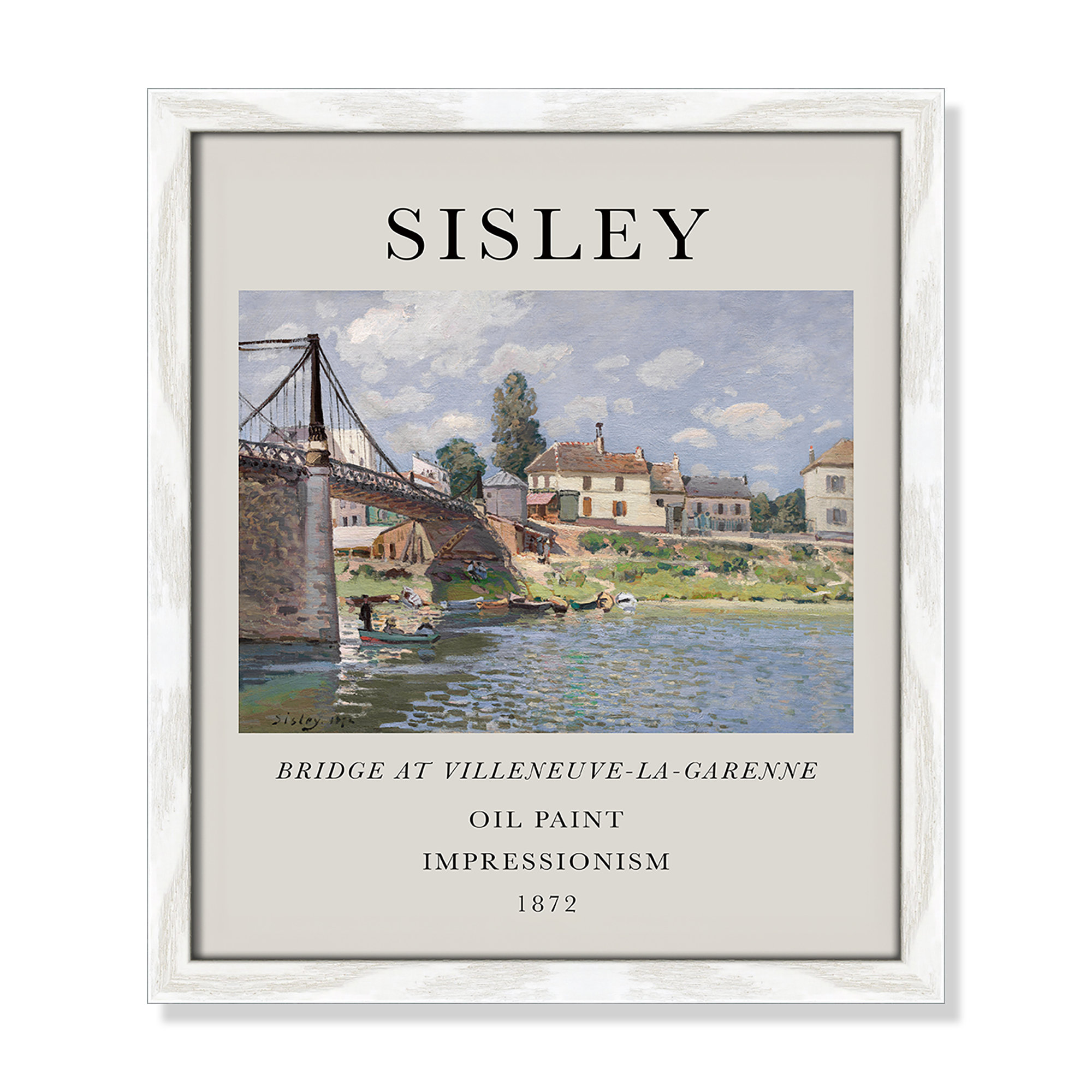 Old Masters Collection " The Bridge At Villeneuve " by Alfred Sisley, 15" H x 13" W x 0.75" D, White Single Picture Frame, No