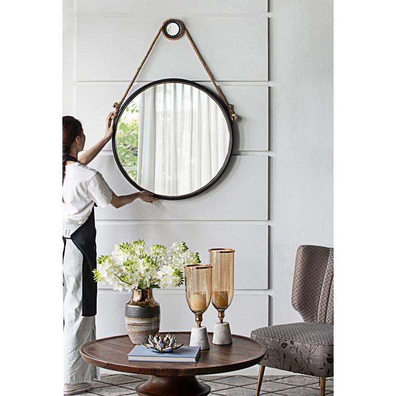 Miroir mural suspendu avec sangle de corde, décor industriel contemporain, miroir mural, 29,53 po x 29,53 po
