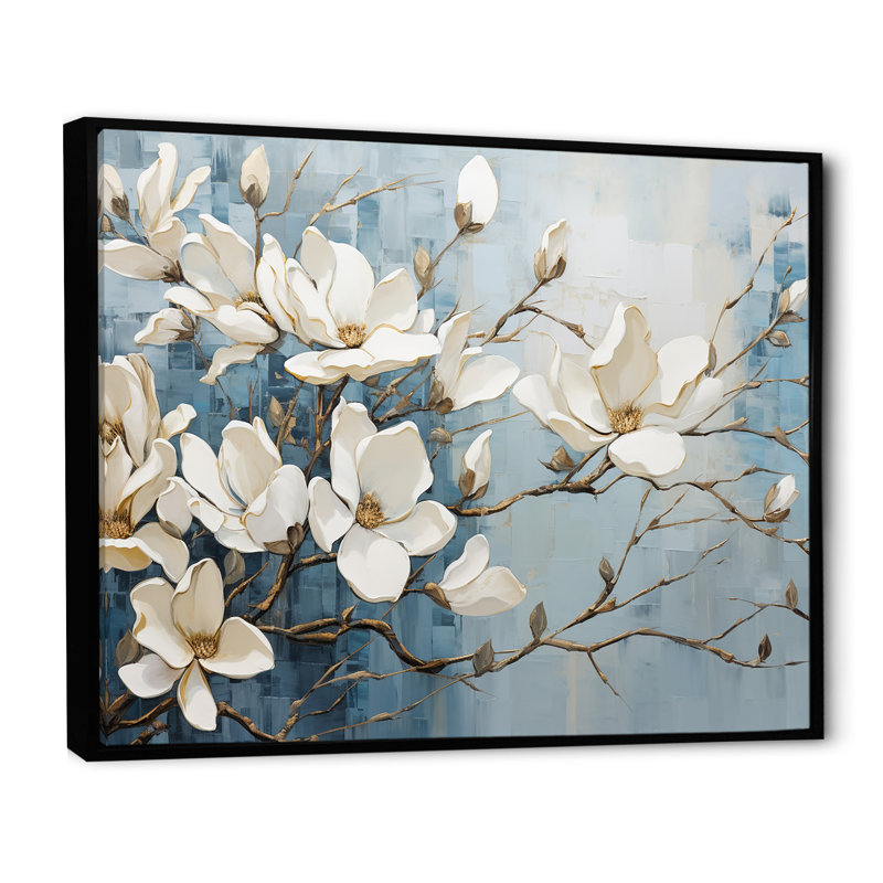 «Blue and Gold Painted Magnolias VI», art mural sur toile Magnolias, H 12 po x l 20 po, Reproduction avec cadre flottant