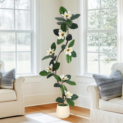 5 ft Artificial Magnolia Tree with s-Curve Trunk, Realistic Faux Magnolia Flower Plant with Blooming White Blossoms, Lifelike Silk Floor Tree for Home Living Room Office Indoor Outdoor Decor