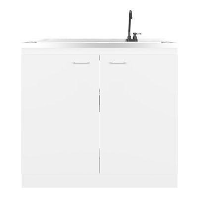 Modern White Utility Sink With Faucet And Integrated Stainless Steel Countertop, Freestanding Cabinet For Garage Workspace, Easy To Install Countertop Kitchen, Metal Handles, Spacious Storage Kitchen