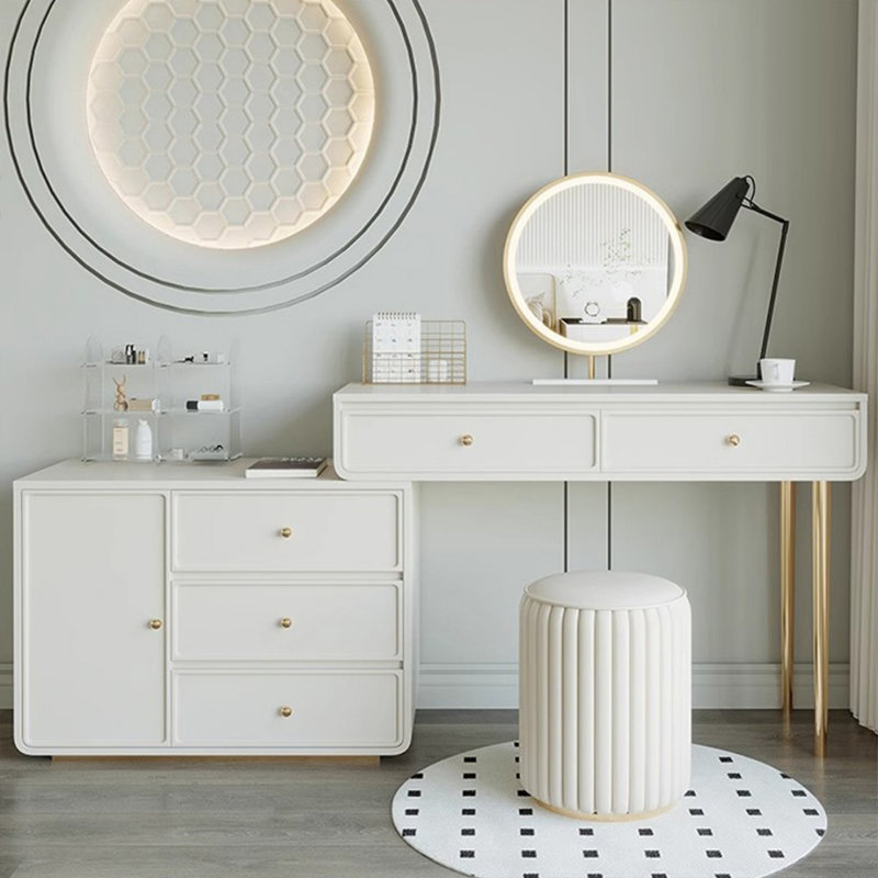 Coiffeuse de maquillage avec miroir lumineux, 5 tiroirs, prise de courant