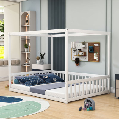 Wooden Canopy Floor Bed With Safety Features