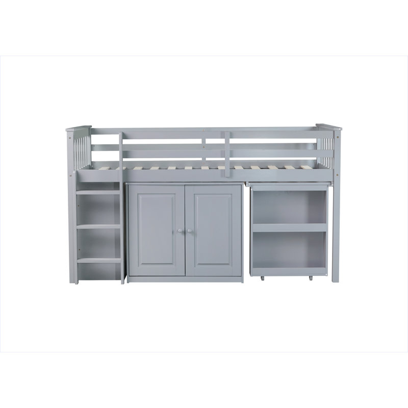 Twin Loft Bed With Storage Cabinet, Drawer And Shelf Cabinet And Pulling-Out Desk, Grey