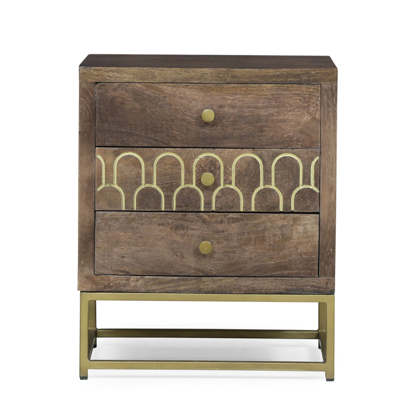 Contemporary Iron Frame Night Stand With Mango Wood Storage 3 And Gold Fish Scale Design