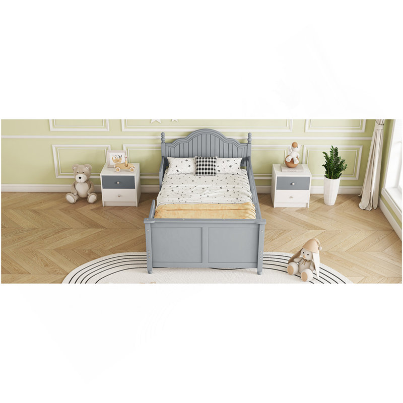 Lit simple pour enfants, lit plateforme simple en bois avec tête et pied de lit, gris, Lit simple, Gris