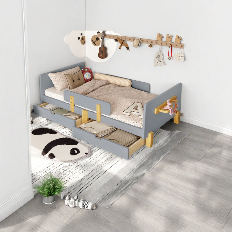 Lits simples avec rangement peu encombrants, conception en bois massif, finition grise moderne