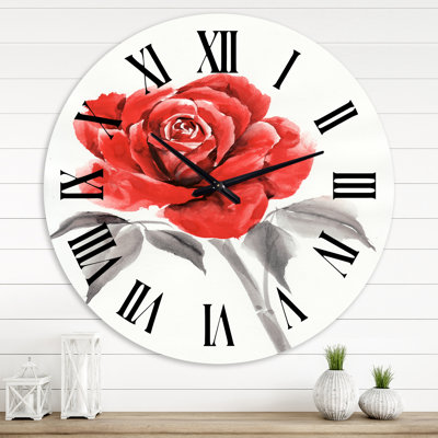Horloge murale rétro avec fleur rose rouge I