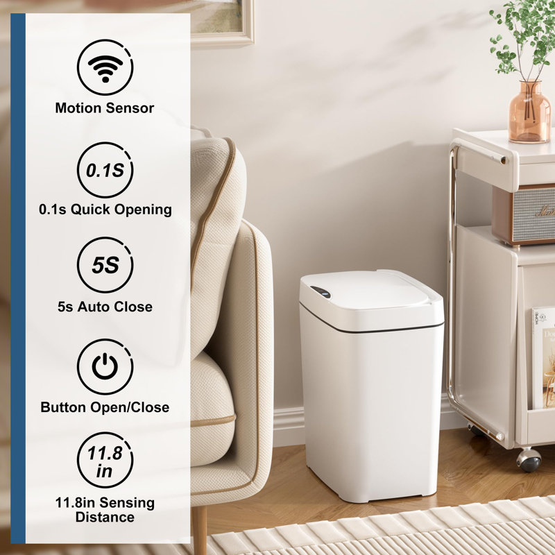 White Slim Touchless Motion Sensor Plastic Trash Can Set