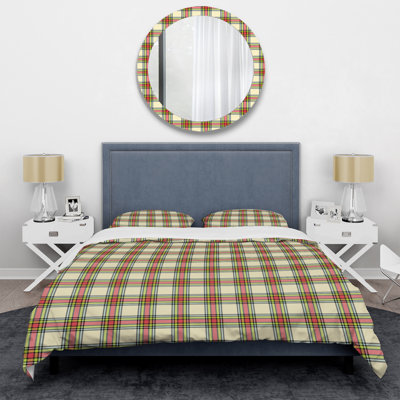 Tartan à carreaux crème et rouge - Ensemble de housse de couette abstrait - Microfibre de polyester