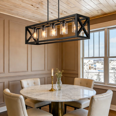 Adjustable Height Farmhouse Chandelier - 5-Light Matte Black Rectangle Dining Room Light Fixture With Thickened Metal Construction For Kitchen Island And Dining Table