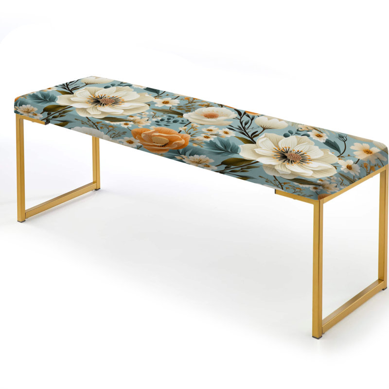 Floral Upholstered Gold Bench, Orange Rustic Elegance Floral Pattern II