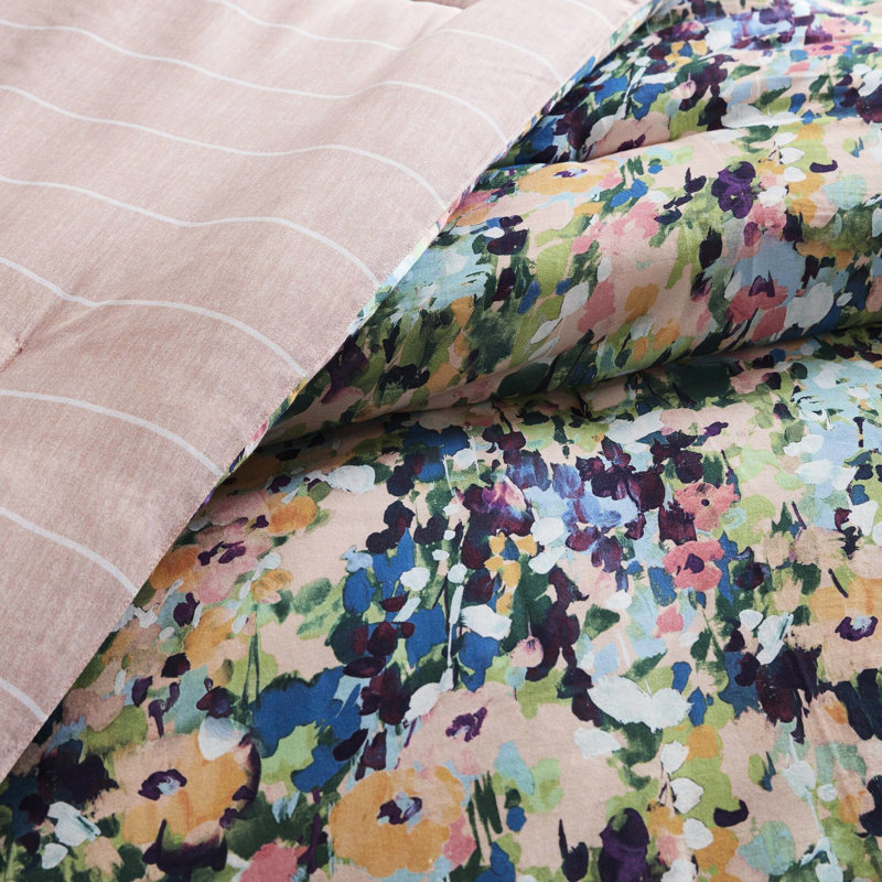 Édredon pour grand lit 8 pièces avec confort en coton toutes saisons, rayure rose blanche réversible et certification, motif rayé, détails décoratifs, dessus respirant
