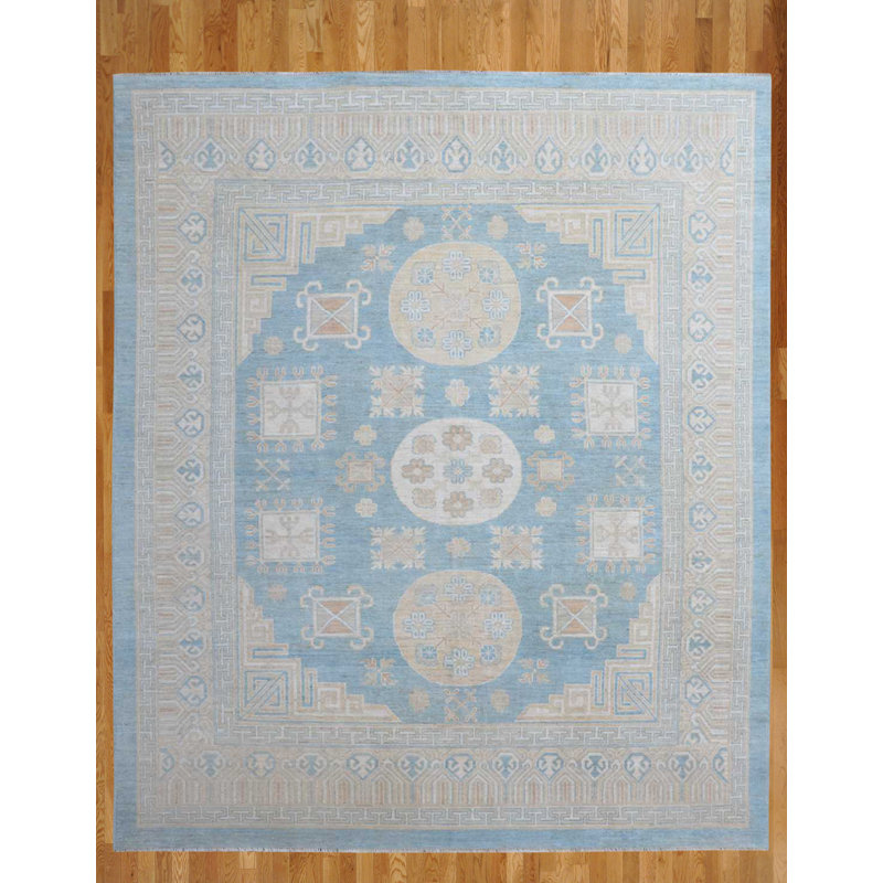 Tapis bleu/beige noué la à la main