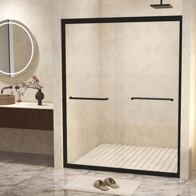 Verre trempé avec film antidéflagrant, double porte de douche coulissante à cadre en aluminium, poignée en acier inoxydable